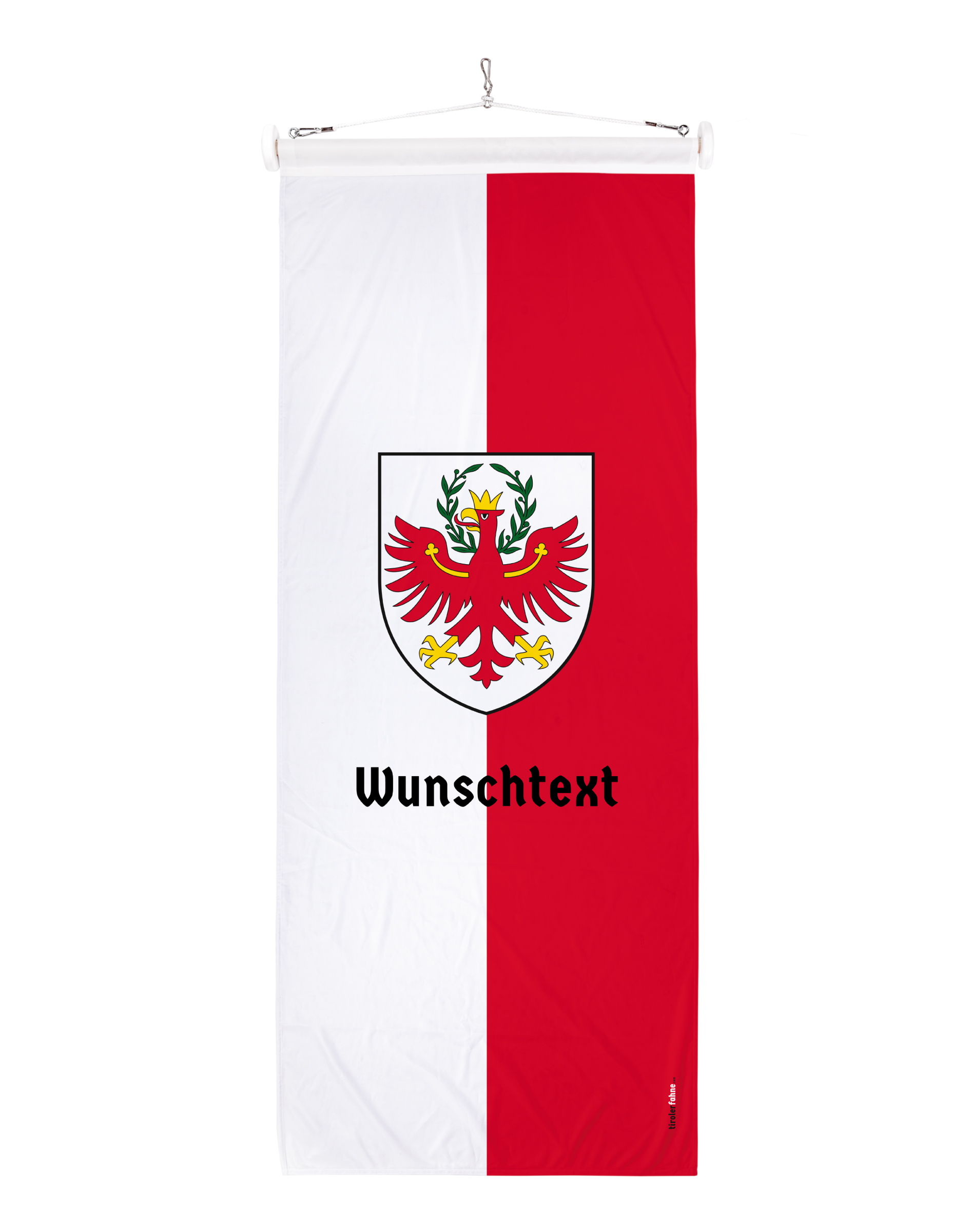 Individuelle Tirolerfahne mit Südtiroler Adler und Aufschrift unter dem Wappen
