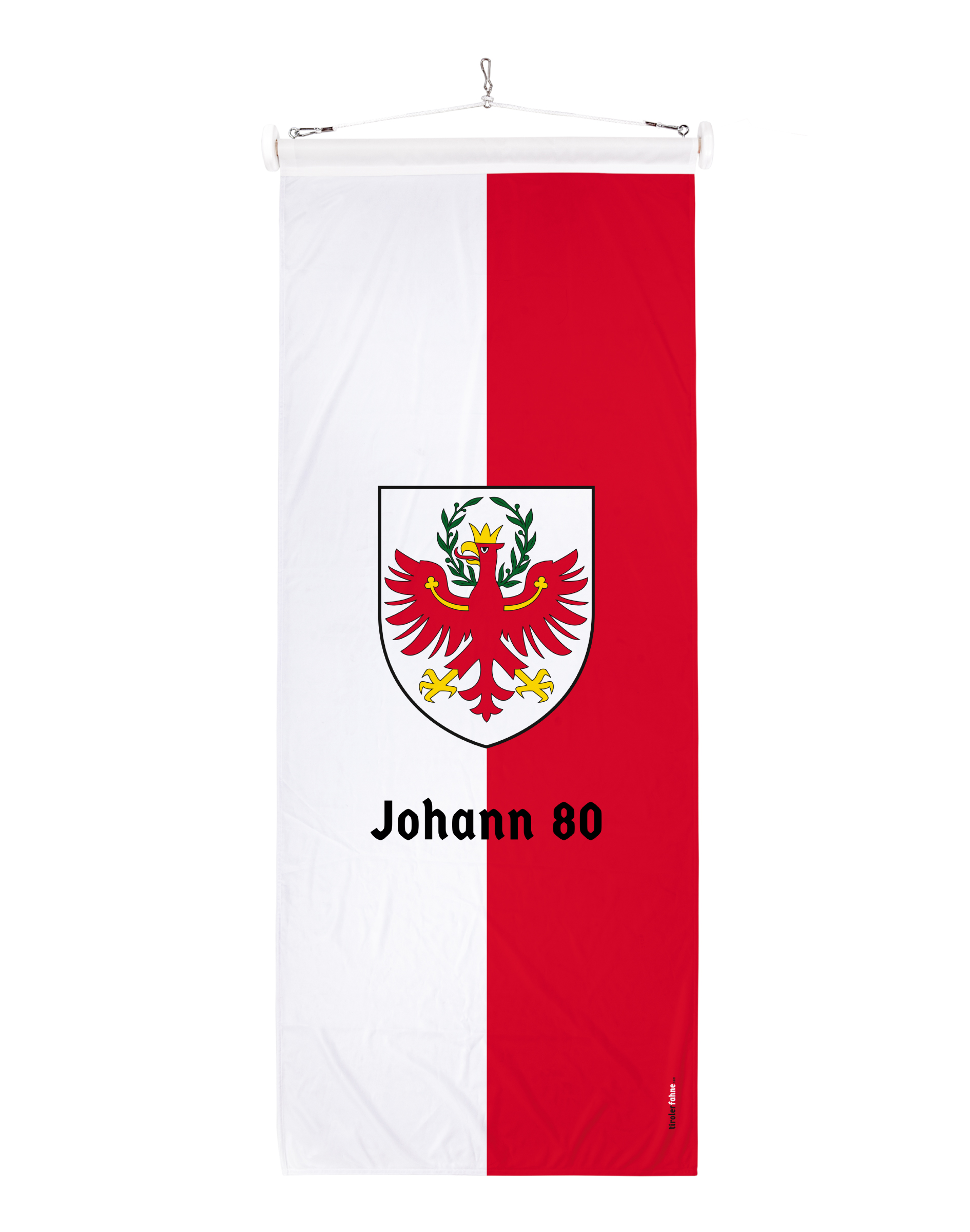 Individuelle Tirolerfahne mit Südtiroler Adler und Aufschrift unter dem Wappen