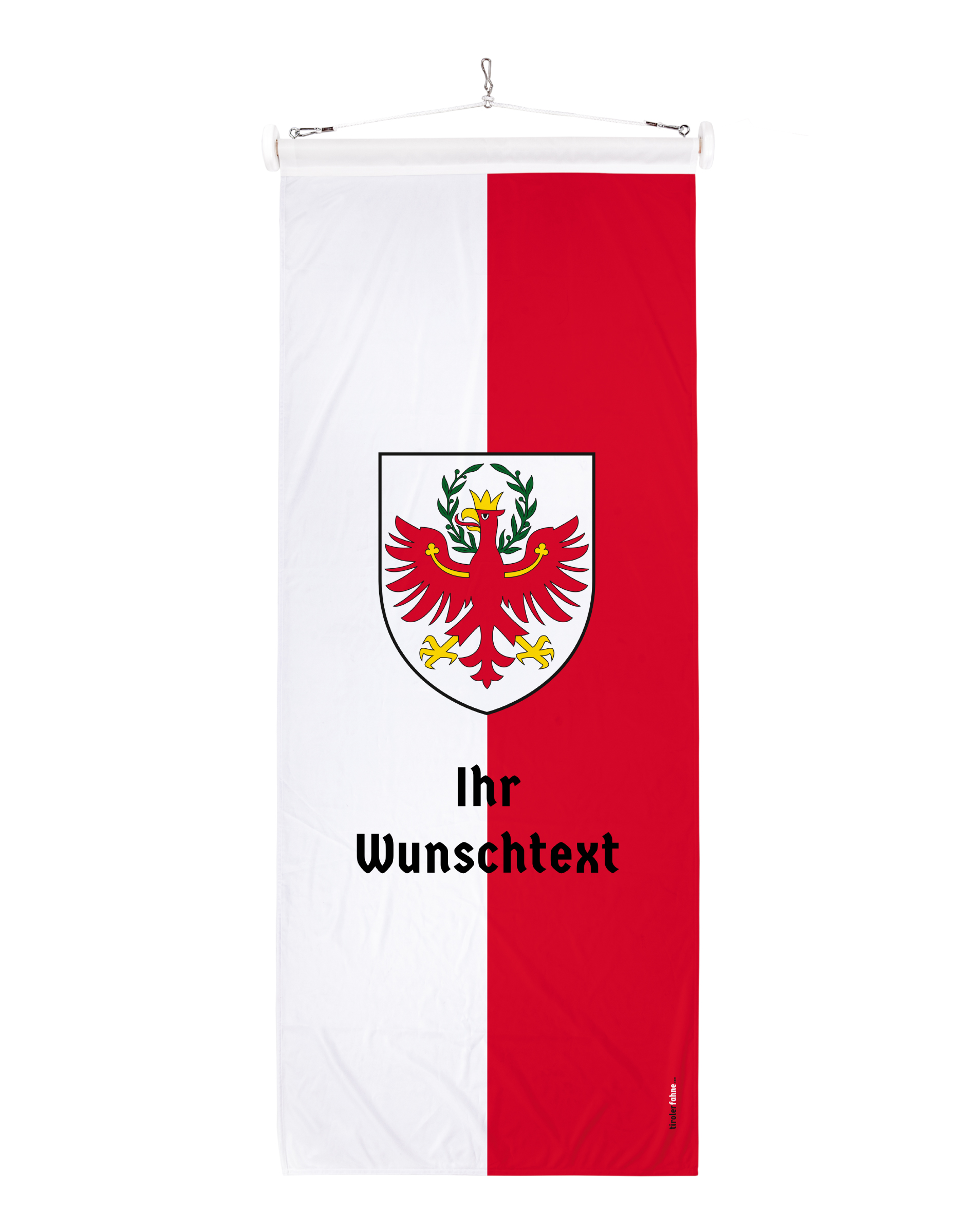Individuelle Tirolerfahne mit Südtiroler Adler und Aufschrift unter dem Wappen