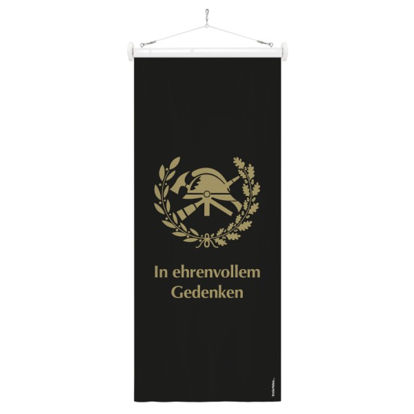 Feuerwehr-Bannerfahne Schwarz mit FF Symbol und in ehrenvollem Gedenken in Gold